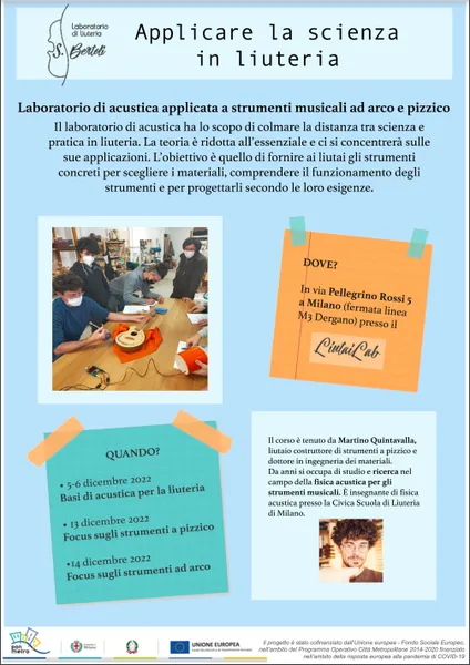 Locandina di Applicare la scienza in liuteria presso Liutailab a Milano 2022